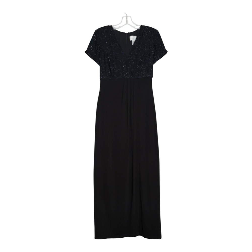 Basix II Black Sequin Beaded Empire Waist Maxi Dress Gown Womens Size 6 V-Neck